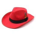 Detail of red wool felt cowboy hat with black ribbon trim and colorful spotted feather - Red