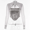 Zilvergrijze top met lange mouwen, mesh patchwork en satijnen lijfje met detail - S / Grijs