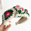 Knotted knit headband with 3D floral embroidery in cream, pink and yellow tones - Green Flowers Knotted Knitted Headband