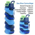 Collapsible 500ml blue camouflage silicone water bottle with handle and size details - Handle Cap/Sea Blue Camo