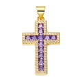Golden cross pendant with purple square gemstone and small white circular crystals - Pendant 67 (Gold Pave Purple Stone Cross)
