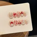 Handmade red and white bow press-on nails with mushroom and cherry 3D decorations - Large (L)