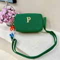 Green cross-grain PU leather camera bag with colorful acrylic chain and gold letter P - Green
