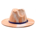 Tie-dye orange and white wide brim fedora hat with a navy blue belt and metal buckle - M (56-58cm) / Orange Yellow