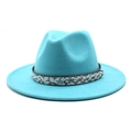 Detailed view of turquoise fedora wool felt hat with snake pattern band and metal stud - Lake Blue
