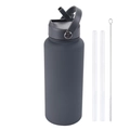 Dark gray matte large sports water bottle set with handle, straws, and brush - 1 L / Dark Gray