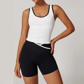 Two-piece yoga set with white U-neck tank top and black crossover high-waisted shorts - S / Top And Bottom / Swan White (Vest + Shorts)
