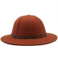 Detail of tan wool felt fedora featuring a black leather band with vintage metal studs - M (56-58cm) / Caramel color