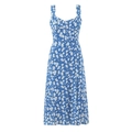 Floral print sleeveless midi dress with slim waist and side slit in blue and white - S / Blue Floral Print