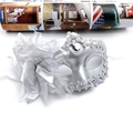 Elegant silver masquerade mask with glitter, side flower, feathers and gemstone details - Silver