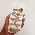 5-piece gold hair clip set featuring rhinestones, pearls, rose, heart and star shapes - Morning Treasure (5 Piece Set)