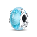 Detailed blue glass charm bead with silver floral accents and Magic engraving - Magic Flower Blue (Luminous)