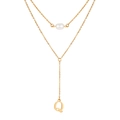 Gold-plated Y-shaped double necklace featuring white pearl and letter Q pendant - Letter Q Style (NC-1930G-Q)