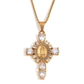Collar cruz de Virgen María en oro con circonitas y colgantes de piedras en forma de pera - Cruz de Diamantes de Imitación de la Virgen María (Dorado-Circonita Blanca)
