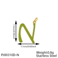 Macro view of green enamel letter N pendant with precise size dimensions and gold trim - Letter N-Green