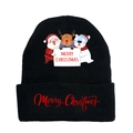 Close-up of black knitted beanie featuring festive Santa and reindeer cartoon patterns - Black-Style F