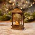 Bronze retro Christmas lantern with reindeer miniature and warm glowing LED lighting - Flat Lamp Deer Style (No Water)