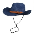 Navy blue woven straw cowboy hat with brown suede band and adjustable wind strap - M (56-58cm) / Navy Blue