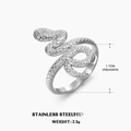 Adjustable silver snake ring in stainless steel with detailed scale texture and 18K plating - Snake Style (ZN132S) / Silver