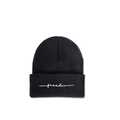Close-up of the white freedom script embroidery on a black ribbed knit beanie hat - Black