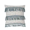Close-up of bohemian blue geometric pattern pillow cover with three rows of decorative tassels - White Blue Geometric 3-Row Tassels (PE20145P-1) / 45*45cm (No Core)