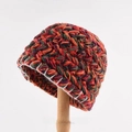 Handmade chunky knit beanie in colorful mixed yarn with white decorative stitching detail - One Size / Neon Hat Orange