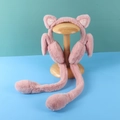 Pink plush earmuffs with moving ears on display stand with bright teal background - One Size / Cat Ears Style / Dusty Pink