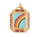 Rectangular gold-plated copper pendant featuring a blue enamel rainbow with colorful gemstones - M076995-3 Blue Enamel Rainbow