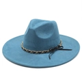 Detail of teal fedora hat featuring a gold chain and black leather bow decoration - Teal
