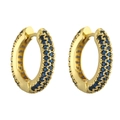 Macro view of gold hoop earrings with three rows of pavé-set deep blue round gemstones - Gold Dark Blue