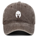 Close-up of Spartan helmet embroidery on a washed cotton vintage baseball cap - One Size / Coffee