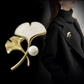 Ginkgo leaf pearl brooch in gold finish with white shell inlay and rhinestone detail - Ginkgo Leaf Shell Pearl