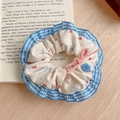 Floral scrunchie with blue checkered trim, pink velvet bow and blue flower button detail - Blue Plaid Bow