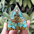 Handcrafted resin pyramid ornament with turquoise stones and gold Buddha statue - YB31 Buddha Lotus [6cm]