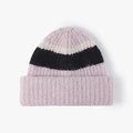 Chunky striped wool knit beanie in light purple with white and black color block - Pink
