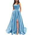 Elegant light blue sequined evening gown featuring a strapless bodice and high side slit - US size 14plus / Sky Blue