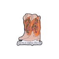 Enamel brooch featuring orange floral cowboy boots with you're a cowboy like me text - Cowboy Boots-Orange Floral Style (QHXZ246)