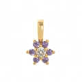 Detailed close-up of a flower-shaped gold pendant with central clear and purple zircons - February Flower Pendant