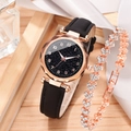 Starry sky dial women watch set with black leather strap and rose gold crystal bracelet - Black