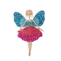 Golden fairy angel brooch with blue and pink rhinestones on a white background - Blue Wings Pink Skirt (AL1237-B)