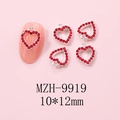Close-up of heart-shaped nail charms with red rhinestones and silver metal finish - Silver Heart Pave Red Rhinestone Charm (9919)
