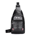 Men's black PU leather crossbody chest bag with pebble texture and tri-color ribbon detail - 924 Black