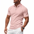 Detail view of pink men's polo shirt featuring red and white striped collar accents - Pink