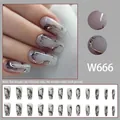 Long ballet press-on nails with black ink marble pattern and gold foil accents - W666 Style (Glue Type) / 24 Pcs/Set