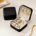 Portable black leather jewelry box with necklace hooks and velvet ring slots for travel - 10*10*5cm / Black