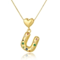 Detailed view of gold heart necklace with a colorful zircon letter U pendant - Letter U