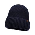 Dark blue ribbed knit beanie for men with snowflake leather patch for winter warmth - One Size / Navy Blue