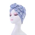 Blue bohemian turban hat with white leaf prints on a breathable polyester head wrap - Style 16-Blue Plant Leaf Print