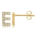 Macro detail of gold-plated brass letter E earring with micro-paved zircons and 925 stamp - Style E