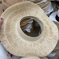 Handmade woven wide brim straw hat with fringe detail for sun protection on beach - One Size (56-58cm) / Beige